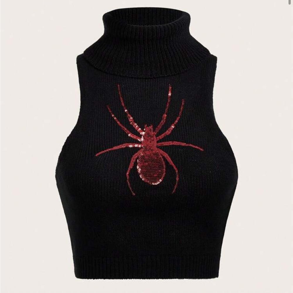 SHEIN Black Turtleneck Sweater with Red Spider Design